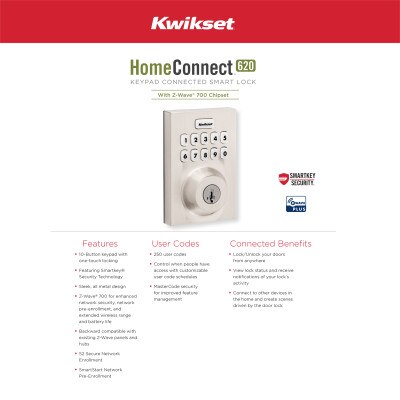 Kwikset Home Connect 620 Smart Lock, Z-Wave 700 Long Range, Contemporary with Deadbolt, Satin Nickel